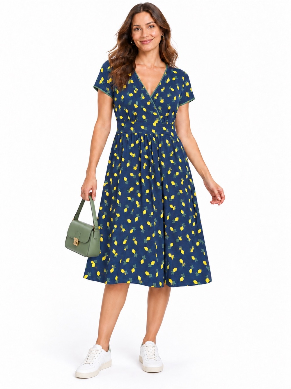 Boden Lola Lemon Print Jersey Midi Dress Navy V-Neck Fit Flare Dolce Vita 14R
